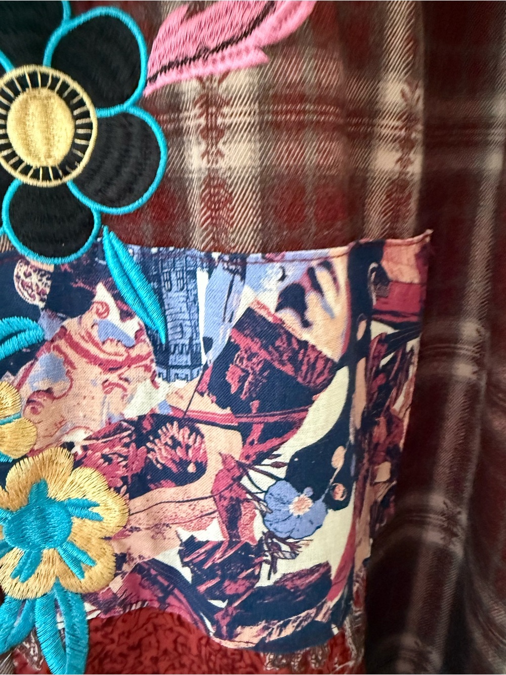 AKIRA Brown/Red Plaid Wide-Leg Pants with Floral Patchwork - Picture 12 of 13